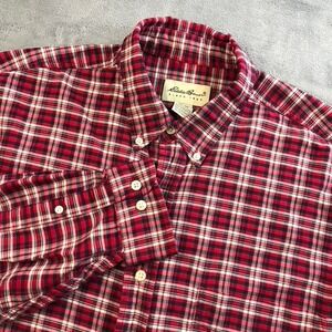 Eddie Bauer Mens XL Plaid Button Down Shirt Red Navy White Cotton Long Sleeve